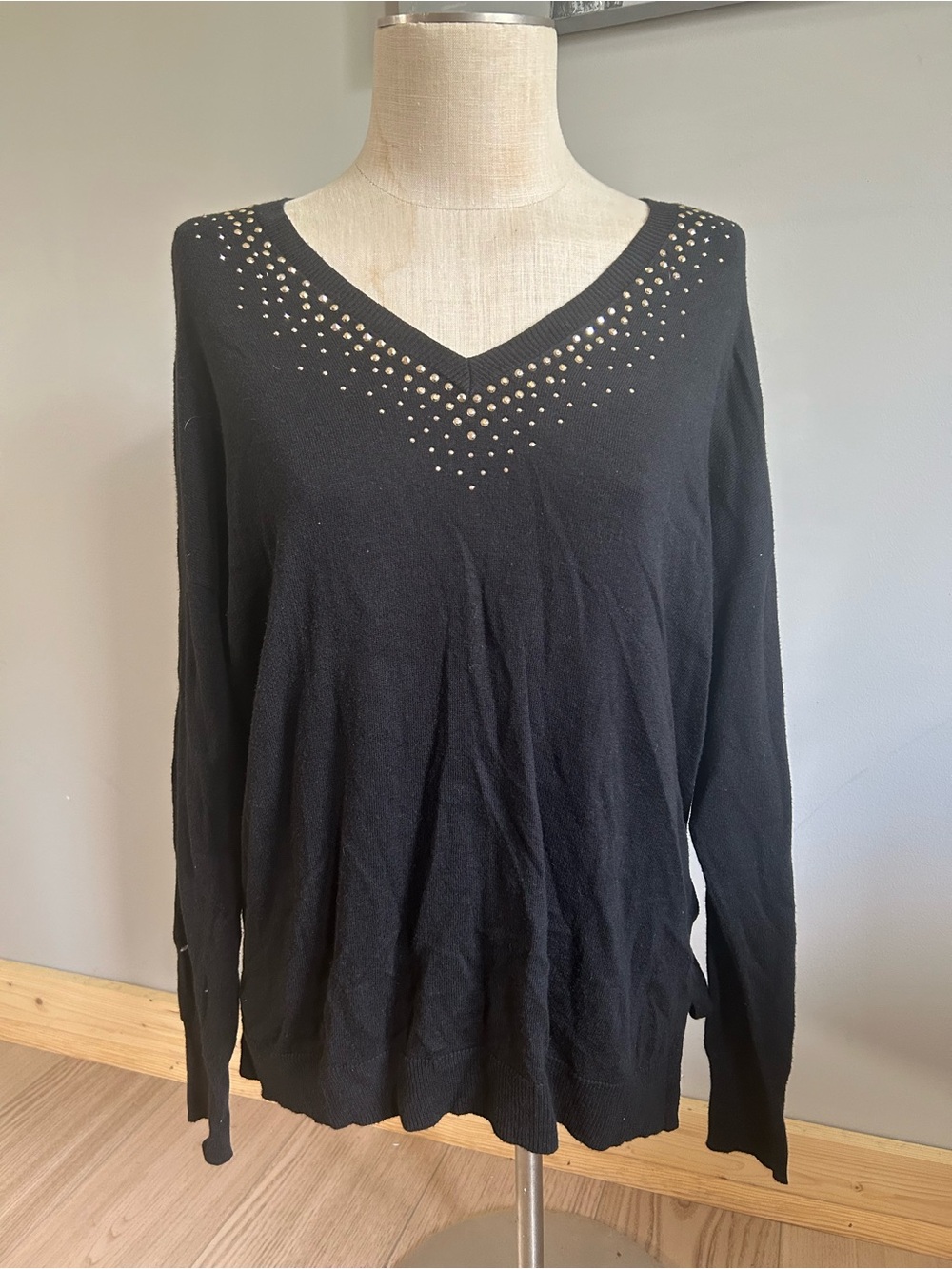 Chaus Black V-Neck Sweater with Stud Accents